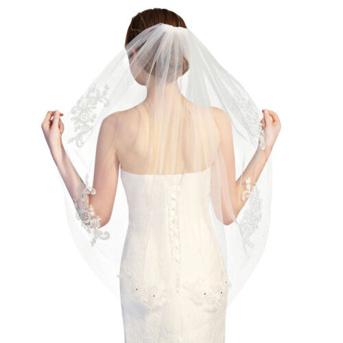 1 pièce voile dentelle vallée de la mariée mariage voile blanc court perles voile - Photo 1 sur 12