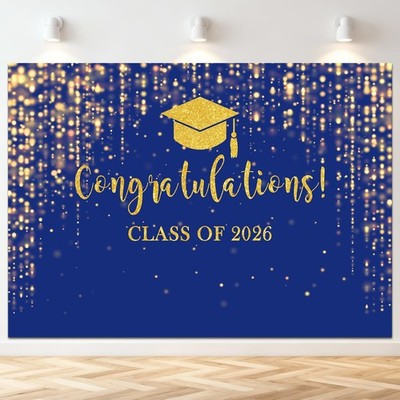 Class Of 2026 Backdrop Blue Gold Glitter Bokeh Prom Graduation Photo Booth