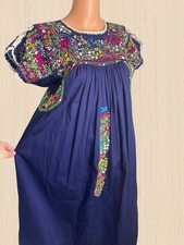 Vtg Blue Cotton Oaxacan Mexican Huipil Dress Hand Made, Embroidered Floral Dress