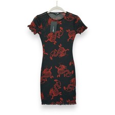 NWT Fashion Nova Mesh Mini Dress Gothic Dragon Print Short Sleeve Women's XS