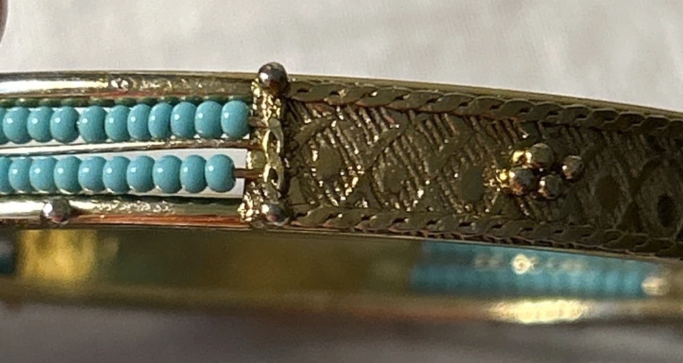 2 Turquoise, Crystal & Gold Bracelets;Bangle & Hinge, Textured Western Boho Chic - Image 3 of 4