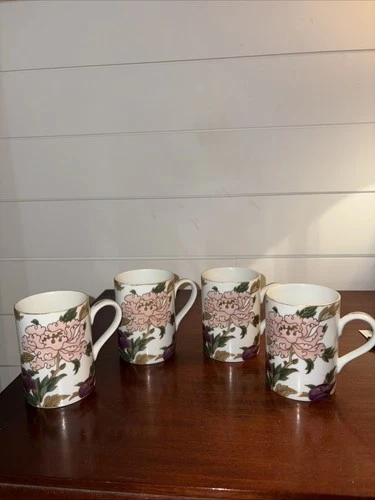 Fitz & Floyd- Cloisonne Peony Purple Pink Floral White Background- 4 Mugs
