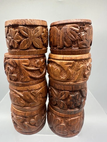 Vtg Hand Carved Wood Napkin Rings Holders Set Of 8 Wooden Boho Retro India