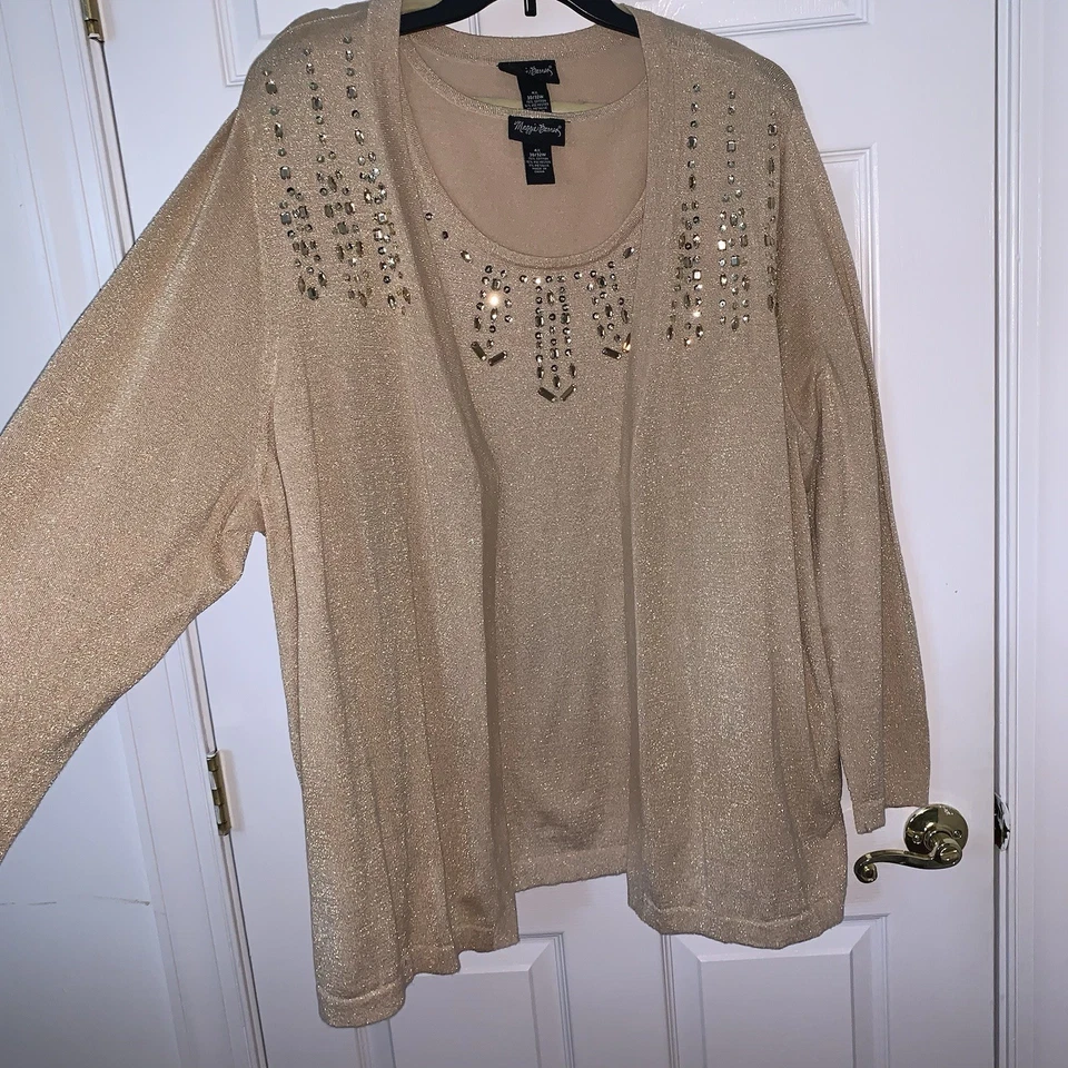 METALLIC GOLD SPARKLY MAGGIE BARNES 4X EMBELLLISHED CARDIGAN SWEATER & TANK - Image 4 of 4