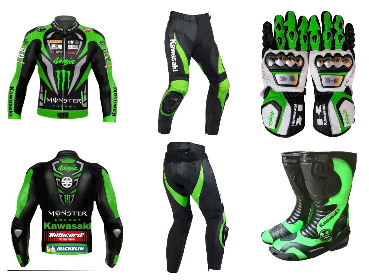 Kawasaki Leather Suit Full 2Pcs Set Kawasaki Boots & Gloves 