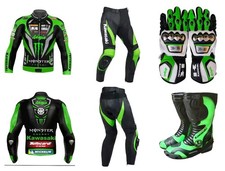 Tuta in pelle Kawasaki set completo 2 pezzi stivali e guanti Kawasaki moto da...