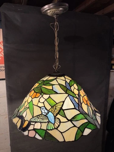 Tiffany Style Stained Glass Hummingbird Pendant Lamp 17" Vintage Floral