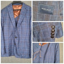 PETER MILLAR Mens 44R Soft Jacket Wool/Silk/Linen Windowpane Blue Unstructured