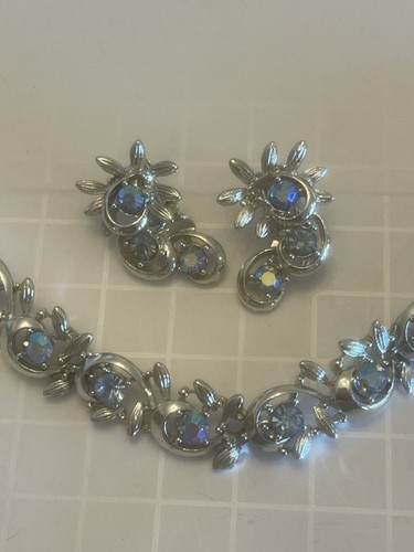 "Juego vintage BSK azul cristal AB patrón de hojas 7,3"" pulsera y clip ER tono plateado" - Imagen 11 de 11