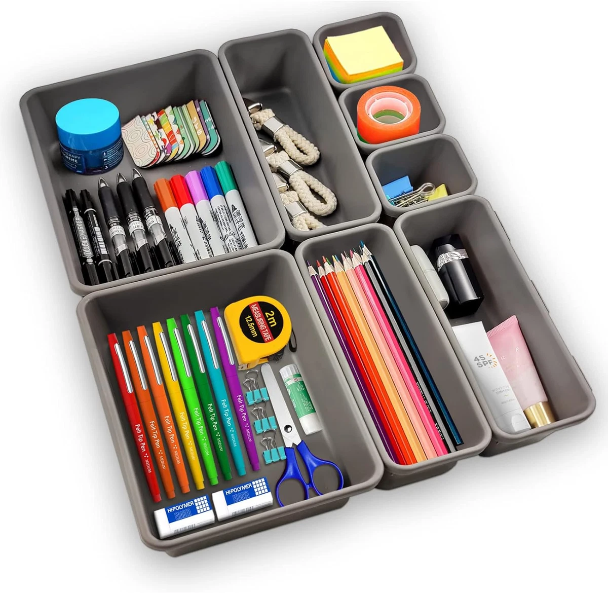 Engelland - Set di organizer per cassetti, 8 pezzi, colore: grigio antracite, universale, regolabile, scatola portaoggetti, sistema di separazione, utensili, spazio di archiviazione, bagno, plastica