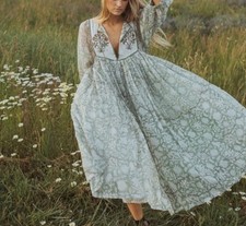 Daughters Of India Diya Midi Dress Size XL Peasant Green Floral Cottagecore Boho