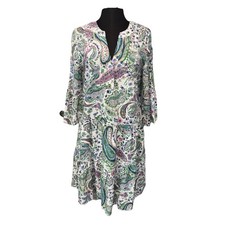 NEW Shana Apparel Paisley Tiered Dress Size Med White Purple Green Bell Sleeve