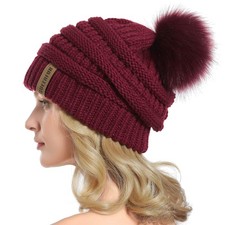 Women Knit Slouchy Beanie Chunky Baggy Hat with Faux Fur Pompom Winter Soft W...