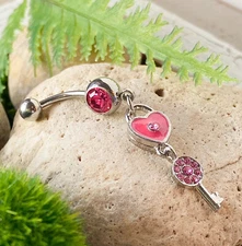 Acrylic Pink Heart Key Gem Belly Ring Navel Piercing Pierced Naval Body Jewelry