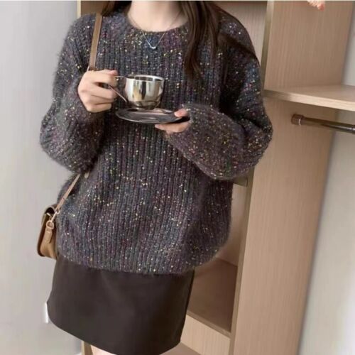 Women Color Dot Multicolor Sweater Knitted Pullover Tops Long Sleeve Loose - Afbeelding 1 van 11