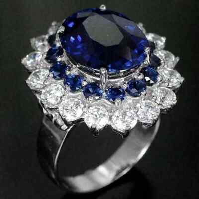 5 CT Oval Cut Lab-Created Blue Sapphire Halo Wedding Rings 14K White Gold Plated