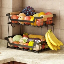 Two-Tier Countertop Fruit and Vegetable Basket with Dual Banana Hangers