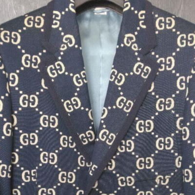 Gucci Tailored Navy Men's Jacket GG Jacquard Size 44 Cotton 521889