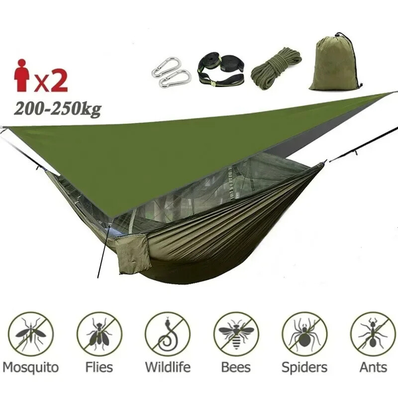 Outdoor Camping Hammock with Rainfly, Mosquito Net, Paracord & Portable Shelter