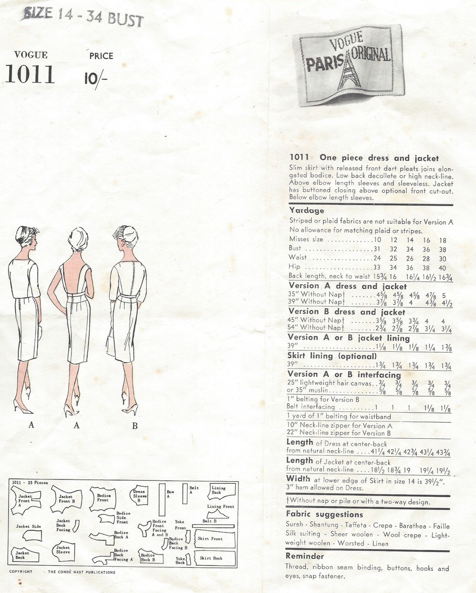 1960 Vintage VOGUE Sewing Pattern DRESS & JACKET B34 (1389