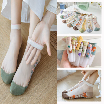 7 Pairs Socks Transparent Lady Crystal Lace Elastic Summer Ankle Flower Socks