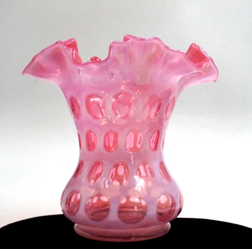 VINTAGE FENTON ART GLASS CRANBERRY COIN DOT RUFFLED VASE