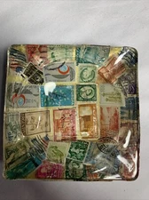 Vintage Mid Century Postage Stamp Decoupage 4.75” Square Glass Ashtray