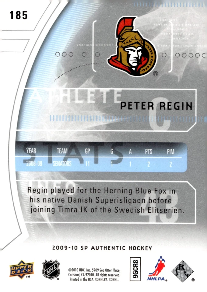 Peter Regin - Signed 2009-10 SP Authentic Future Watch 345/999 Rookie Card #185 - Image 2 of 2