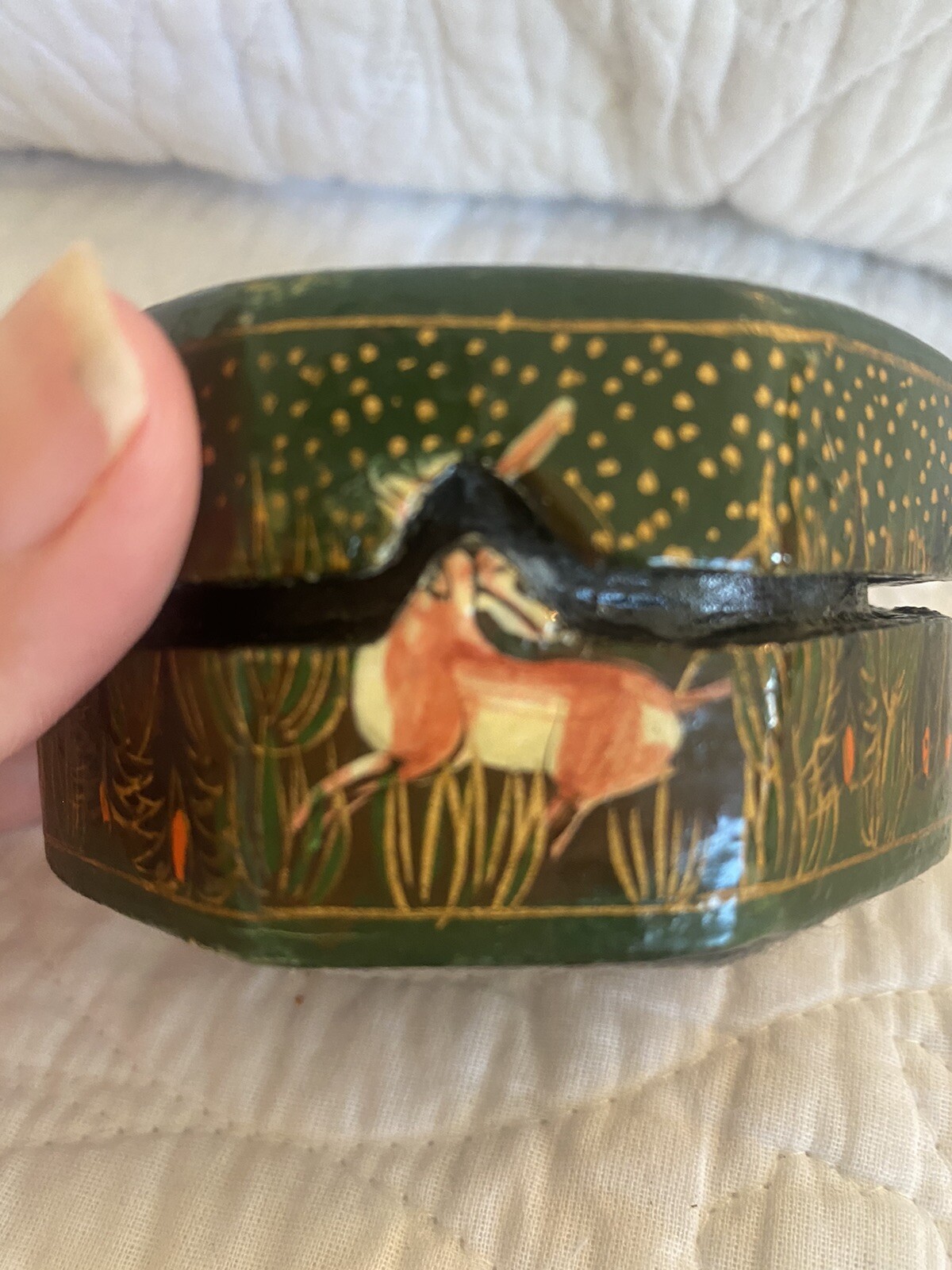 Vtg Kashmir India 8 Sided Hand painted Trinket Box Wild Animals Lacquered  3”