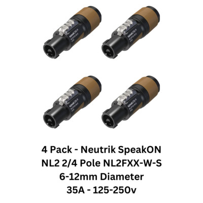 4x Pack Neutrik SpeakON NL2 4 Pole NL2FXX-W-S for Speakers
