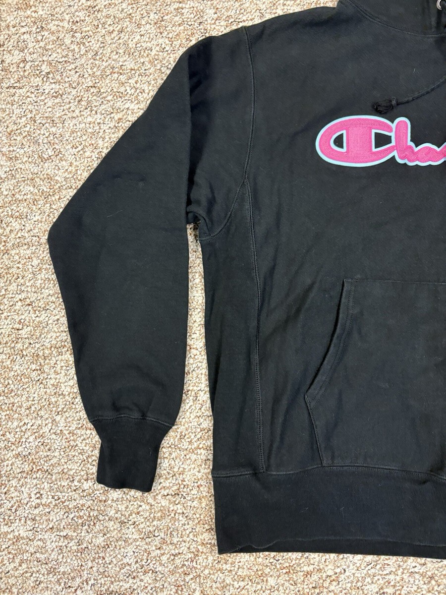 Champion Reverse Weave Black Sweatshirt - Neon Blue Pink Retro
