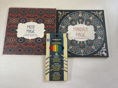 MOTIF MAGIC & Mandala Magic  -Adult Color Books Plus Colored Pencils NEW