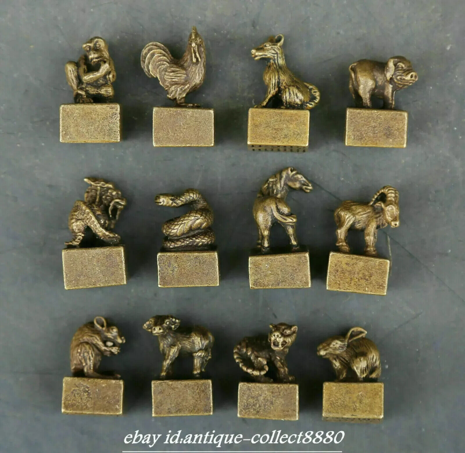 12 PIEZAS Coleccionar Curio China Bronce 12 Zodiaco Año Animal Pequeño Sello Estatua