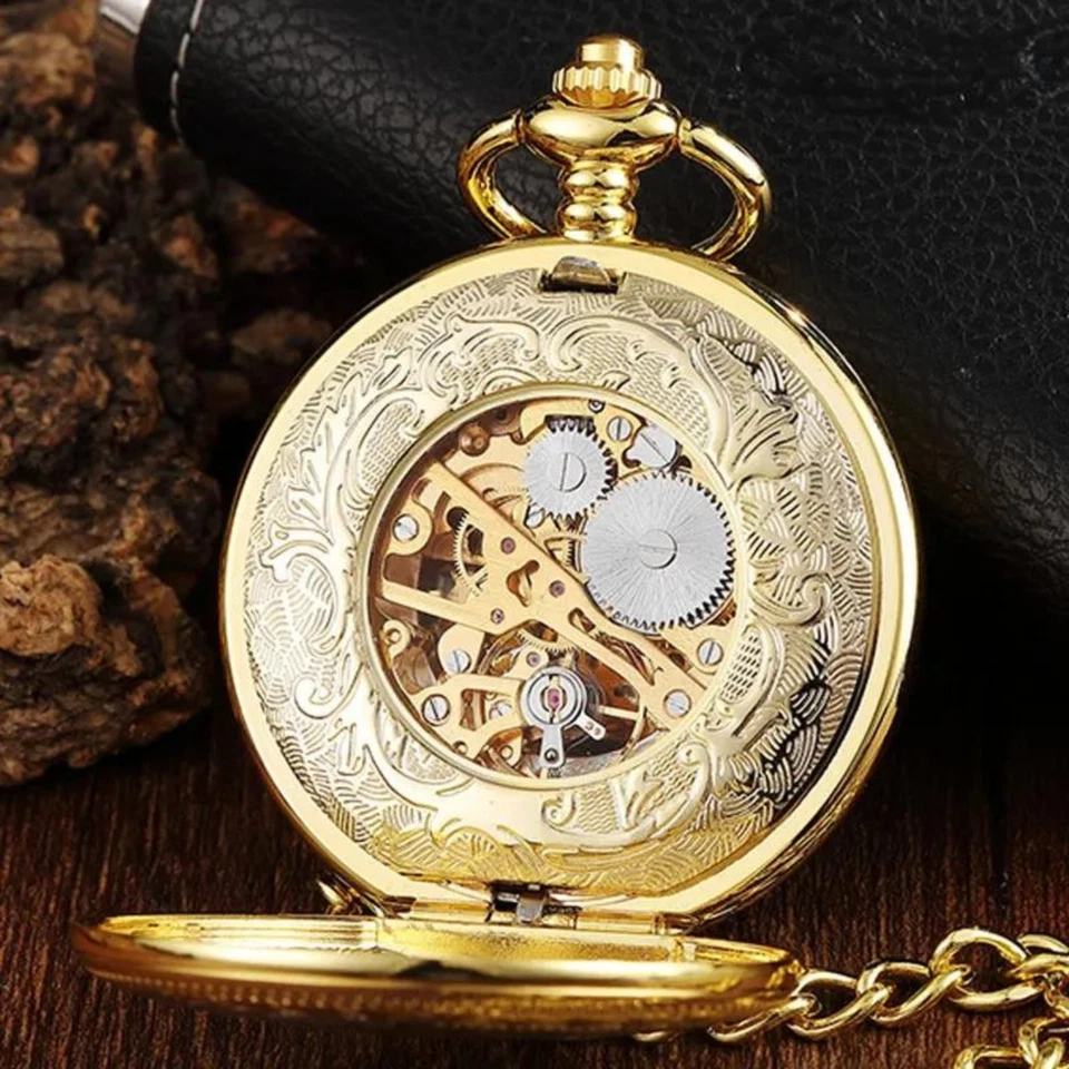 Mechanical Pocket Watch Double Hunter Skeleton Dial Exhibition Deer Engraved NEW - Изображение 2 из 4