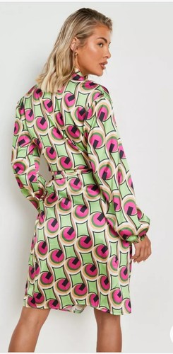 BNWT BEAUTIFUL SIZE 16 BOOHOO PINK GREEN RETRO DESIGN SATIN WRAP DRESS NEW - Picture 3 of 10