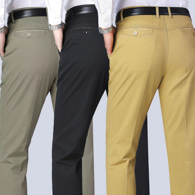 Fall Winter Men Straight-Fit Work Casual Pants Cotton Fleece lined Long Trousers