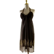 Morgan & Co Brown Strapless Halter Dress Gold Embroidery Tulle Overlay Size 7/8