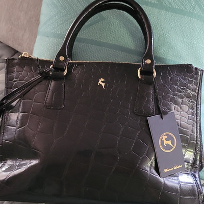 Ashwood Leather Black Crocodile Pattern Satchel with Gold Zipper Accent