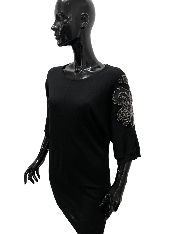 Pinko Abito Maglia Donna XS Nero Lana 100% Ricami Perle Elegante Slim Dress - Imagen 4 de 4