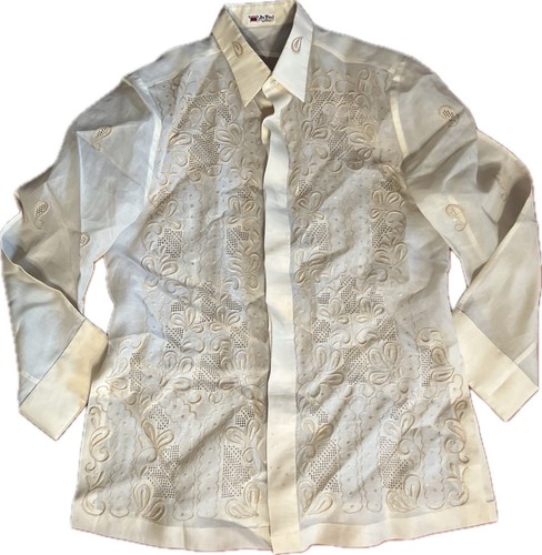 Be Paul Barong Tagalog Button Shirt Men's M Beige Embroidered Philippines READ!
