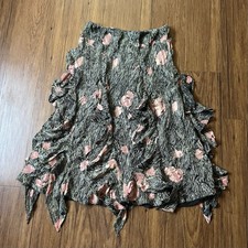 Vintage Y2K 90s Skirt 12 Floral Flare Silk Ruffle Crinkle Midi Fairy Whimsigoth