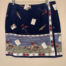 Talbots Petites 100 Silk Wrap Skirt 14P Navy Vintage Golf USA Print Argyle Prep