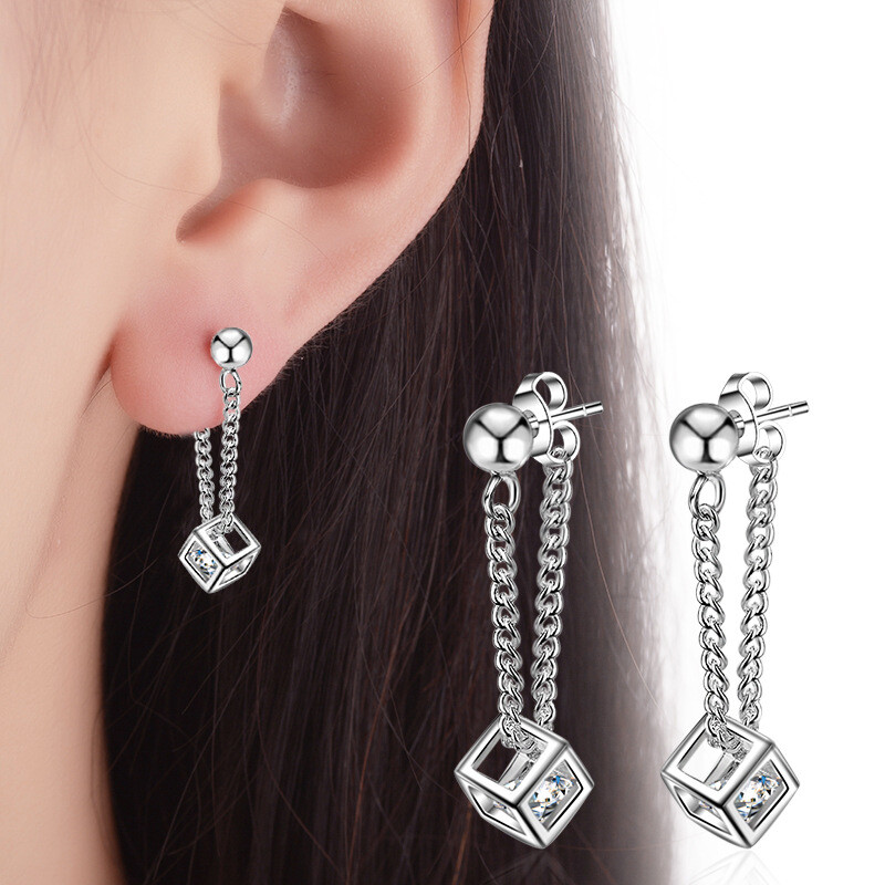 925 Silver Zircon Cube Stud Earrings for Women - Fashion Jewelry Gift
