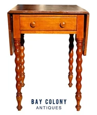 ANTIQUE SHERATON CHERRY DROP LEAF WORK TABLE / NIGHT STAND ON SPOOL TURNED LEGS