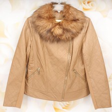 Iman Women's Quilted Faux Leather Chic Jacket Large Nutmeg Brown W/fur Collar