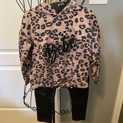 New bebe girls Pink Leopard Pleather Pants Outfit Set Size 4 Bridal Rose Black