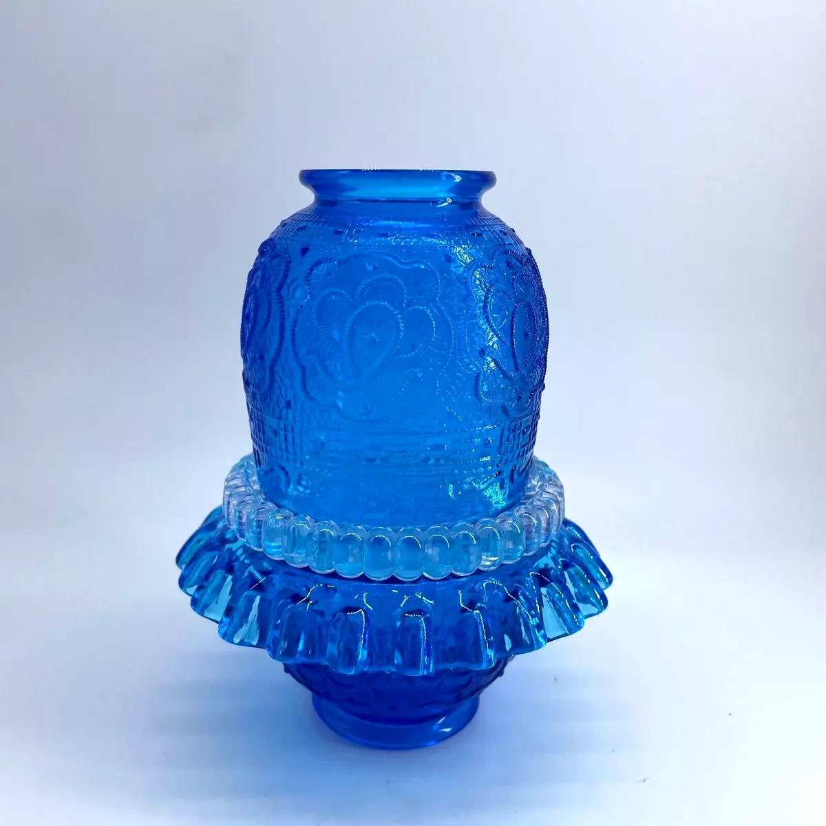 Fenton Glass Blue Persian Medallion Fairy Lamp 3 Piece Embossed
