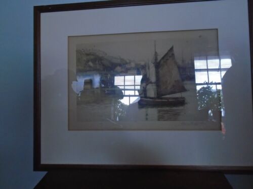 A Antique Etching Signed by Artist of a Boat Coming in to a Harbour . - Picture 2 of 11
