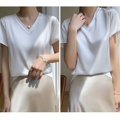 Spring Women Loose Short Sleeve Silk Tops Pullover Blouse V Neck Casual T-shirt - Picture 2 of 20