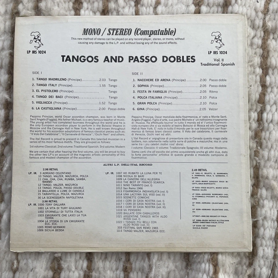 LP Peppino Principe Tangos Passo Dobles IRS 1024 Accordion Spanish Vol II - Image 3 of 4